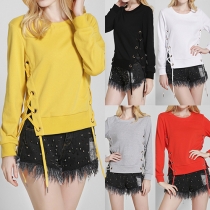 Fashion Solid Color Long Sleeve Round Neck Side Lace-up Women's Sweatshirt