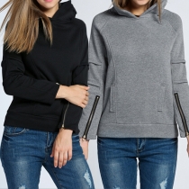 Casual Style Solid Color Zipper Long Sleeve Hooded Sweatshirt