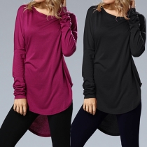 Fashion Solid Color Round Neck Long Sleeve Side Slit High-low Hemline T-shirt