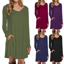 Casual Style Solid Color 2 Side Pockets V-neck Long Sleeve Relaxed Dress
