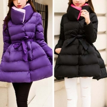 Sweet Style Contrast Color Stand Collar Long Sleeve Gathered Waist Padded Coat