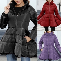 Sweet Style Contrast Color Stand Collar Long Sleeve Gathered Waist Padded Coat