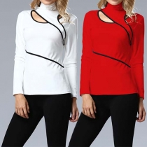 Sexy Contrast Color Irregular Hollow Out Turtleneck Long Sleeve T-shirt