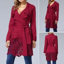 Sexy Solid Color Lace Spliced Hollow Out V-neck Long Sleeve Gathered Waist Dress