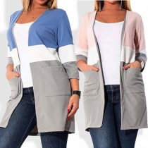 Trendy Contrast Color Patch Pockets Long Sleeve Oversized Cardigan