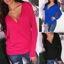 Sexy Solid Color Front Crossover Deep V-neck Long Sleeve T-shirt