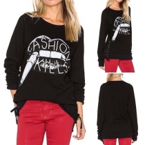 Fashion Printed Round Neck Long Sleeve Side Lace-up Sweatshirt For Women