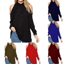 Casual Style Solid Color Single-breasted Lapel Cold Shoulder Long Sleeve Chiffon Blouse