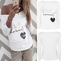 Casual Style Letters Printed Spliced Boat Neck Long Sleeve Tops
