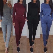 Solid Color Round Neckline Long Sleeve Top + Pants Two-piece Set 