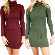 Sexy Solid Color Pile Collar Long Sleeve Backless Slim Fit Dress