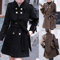 Sweet Style Solid Color Double-breasted Long Sleeve Slim Fit Women's Woolen Coat