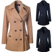Fashion Solid Color Double-breasted Lapel Long Sleeve Gathered Waist Woolen Coat
