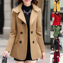 Fashion Solid Color Double-breasted Lapel Long Sleeve Gathered Waist Woolen Coat