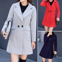 Fashion Solid Color Double-breasted Long Sleeve Lapel Gathered Waist Woolen Coat
