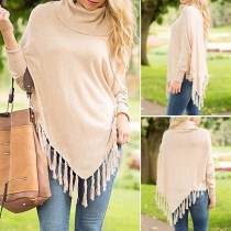 Stylish Solid Color Turtleneck Long Sleeve Tassel Hem Knit Sweater