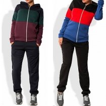 Casual Style Contrast Color Front Zipper Hooded Sweatshirt + Pants Two-piece Set