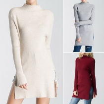 Fashion Solid Color Mock Neck Long Sleeve Side Slit Knit Sweater