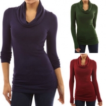 Sexy Solid Color Pile Collar Long Sleeve Slim Fit Tops