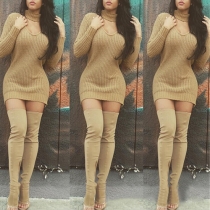 Sexy Solid Color Choker Neckline V-neck Long Sleeve Sweater Dress