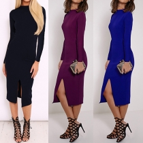 Elegant Solid Color Round Neck Long Sleeve Front Slit Slim Fit Dress