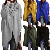 Fashion Solid Color Turtleneck Long Sleeve Irregular Hemline Sweater