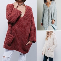 Sexy Solid Color Patch Pockets Long Sleeve V-neck Loose-fitting Sweater