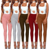 Trendy Solid Color High Waist Slim Fit Seude Pants For Women