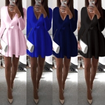 Sexy Solid Color Deep V-neck Long Sleeve Bowknot Gathered Waist Swing Dress