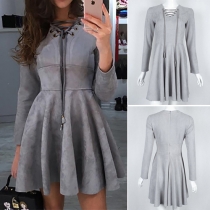 Sweet Style Solid Color Front Lace-up V-neck Long Sleeve Gathered Waist Pleated Dress