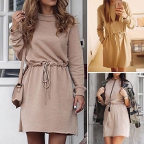 Casual Style Solid Color 2 Side Pockets Long Sleeve Round Neck Elastic Waist Dress