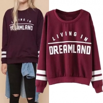 Stylish Letters Printed Striped Spliced Round Neck Long Sleeve Sweatshirt