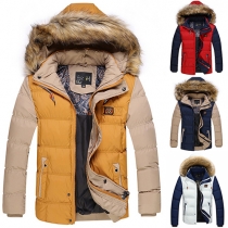 Fashion Contrast Color Front Zipper Hooded Long Sleeve Men's Warm Padded Coat