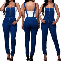 Fashion Solid Color Square Collar Front Zipper Slim Fit Denim Overalls