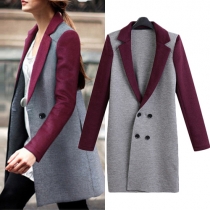 Trendy Contrast Color Lapel Long Sleeve Double-breasted Oversized Women's Coat