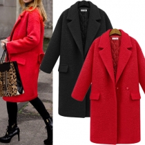 Fashion Solid Color Lapel Long Sleeve Open-front Women's Woolen Coat