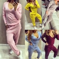 Casual Style Solid Color V-neck Long Sleeve Patch Pockets Sports Suit