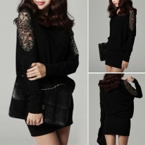 Sexy Solid Color Lace Spliced Round Neck Long Sleeve Slim Fit Dress