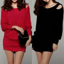 Elegant Solid Color Round Neck Bat Sleeve Back Hollow Out Crinkle Dress