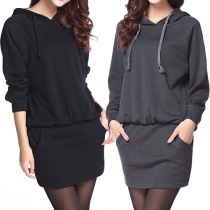 Casual Style Solid Color Hooded Long Sleeve Gathered Waist Dress