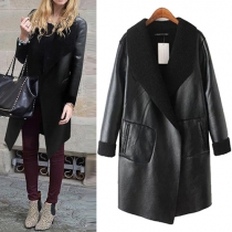 Trendy Solid Color 2 Side Pockets Lapel Long Sleeve Relaxed PU Coat