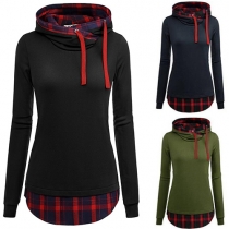 Stylish Lattice Spliced Long Sleeve Hooded Women's Sweatshirt