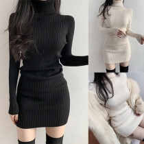Sexy Solid Color Long Sleeve Turtleneck Slim-fitting Ribbed Dress