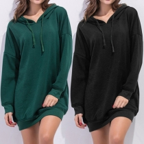 Casual Style Solid Color Long Sleeve Hooded Relaxed Sweatshirt Dress