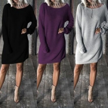 Casual Style Solid Color Round Neck Bat Sleeve Relaxed Dress