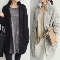 Fashion Solid Color Lapel Long Sleeve Single-breasted Loose-fitting Knit Cardigan