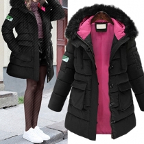 Fashion Contrast Color Front Zipper Long Sleeve Hooded Gathered Waist Padded Coat