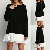 Trendy Contrast Color Chiffon Spliced Round Neck Long Sleeve Relaxed Dress