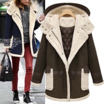 Trendy Contrast Color Patch Pockets Single-breasted Long Sleeve Hooded Relaxed Padded Coat