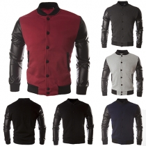 Fashion PU Leather Spliced Stand Collar Single-breasted Long Sleeve Men's Baseball Coat